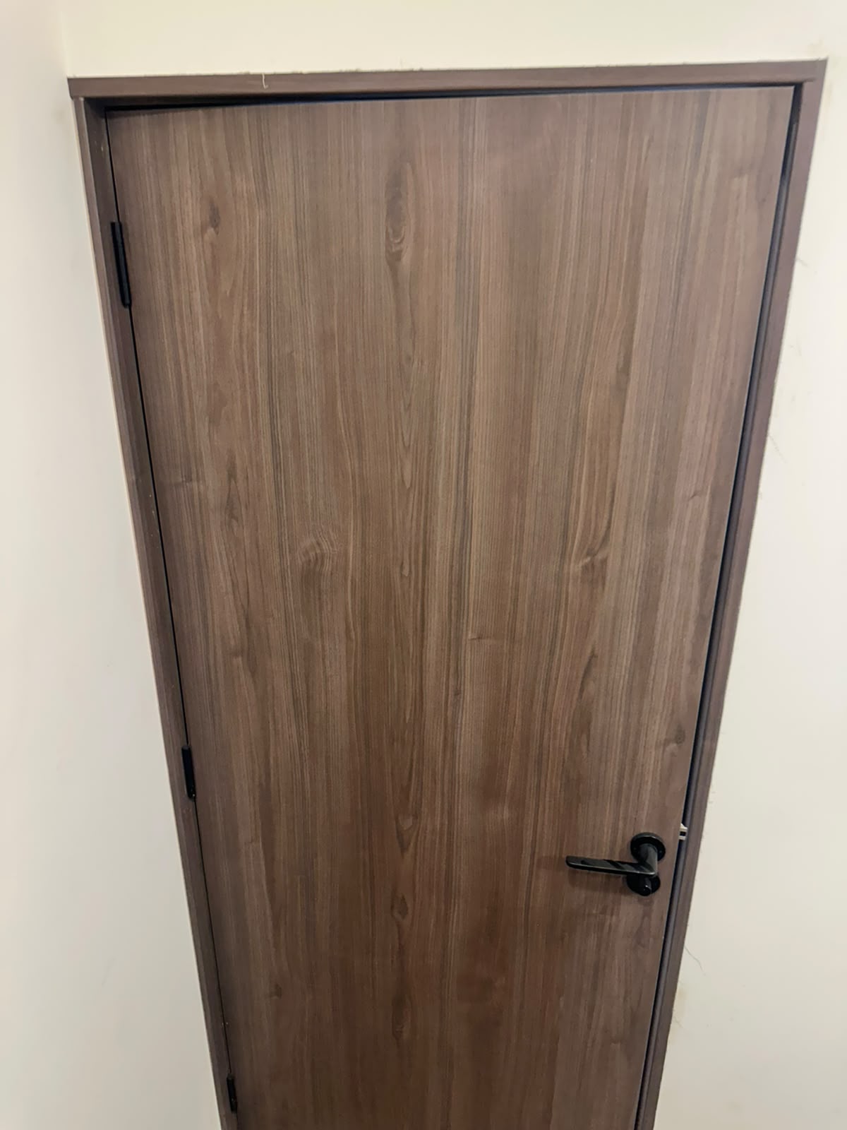Puerta interior de hoja lisa en madera con manija y bisagras negras