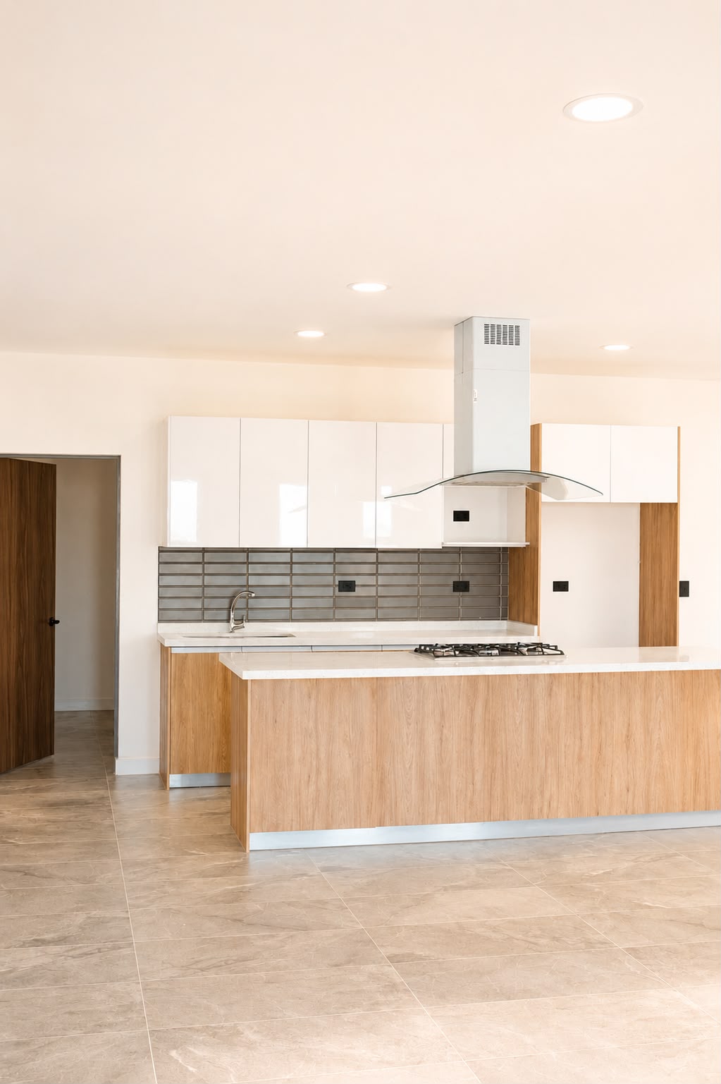 Cocina abierta con alacenas blancas, isla de madera y cubierta de cuarzo