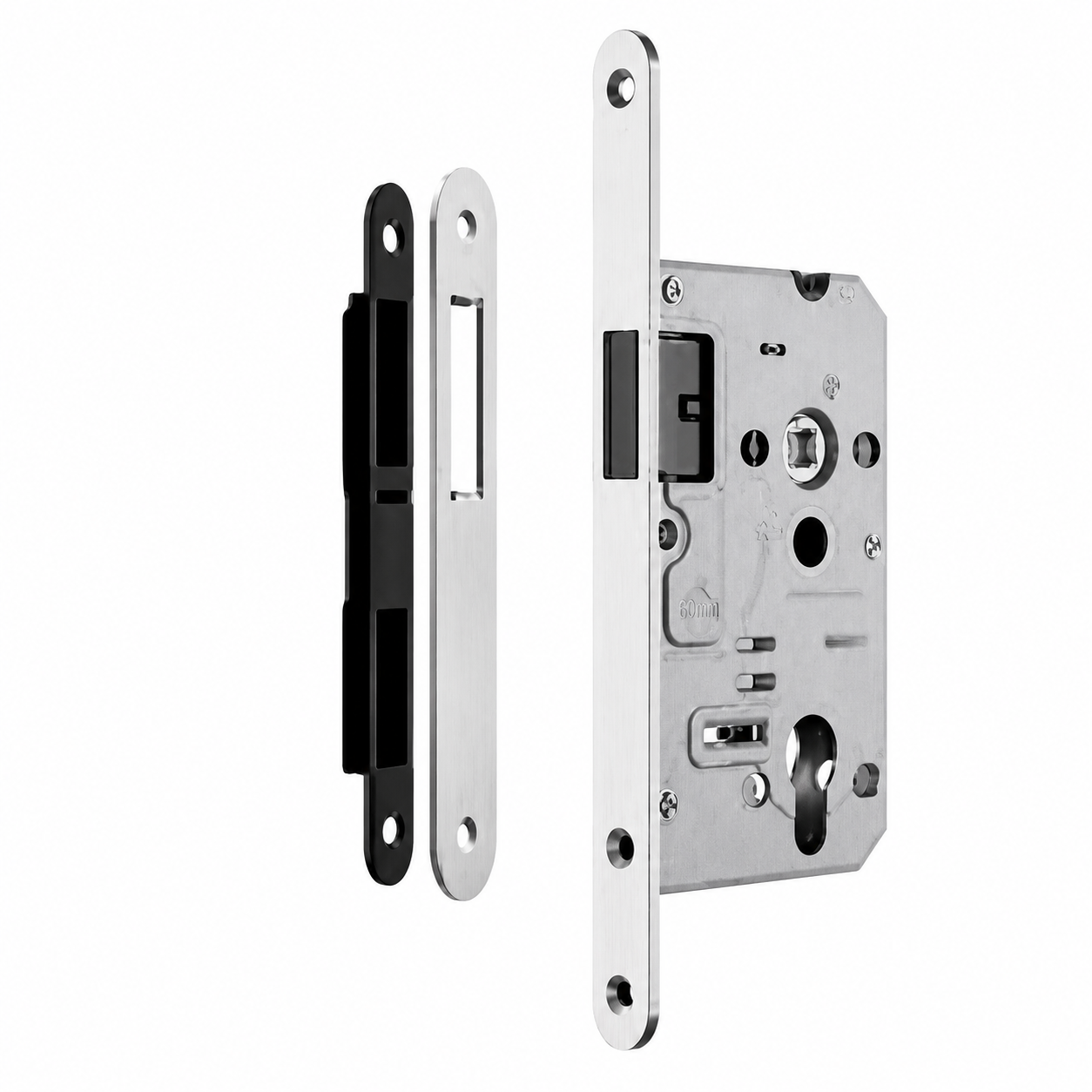 Cerradura de embutir con contramarco y placa de acero inoxidable