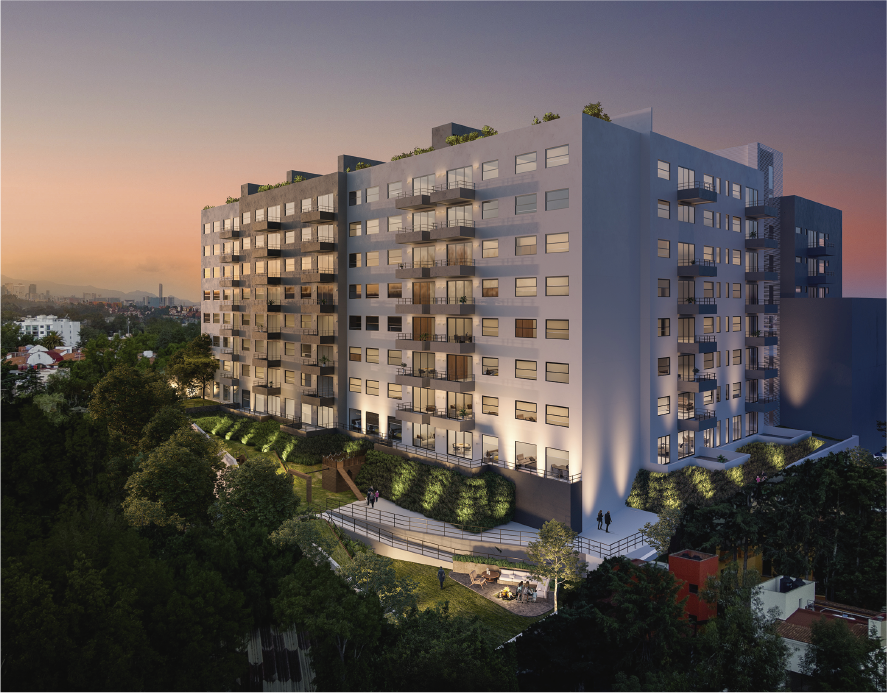 Acebedo: edificio residencial blanco con terrazas ajardinadas al atardecer