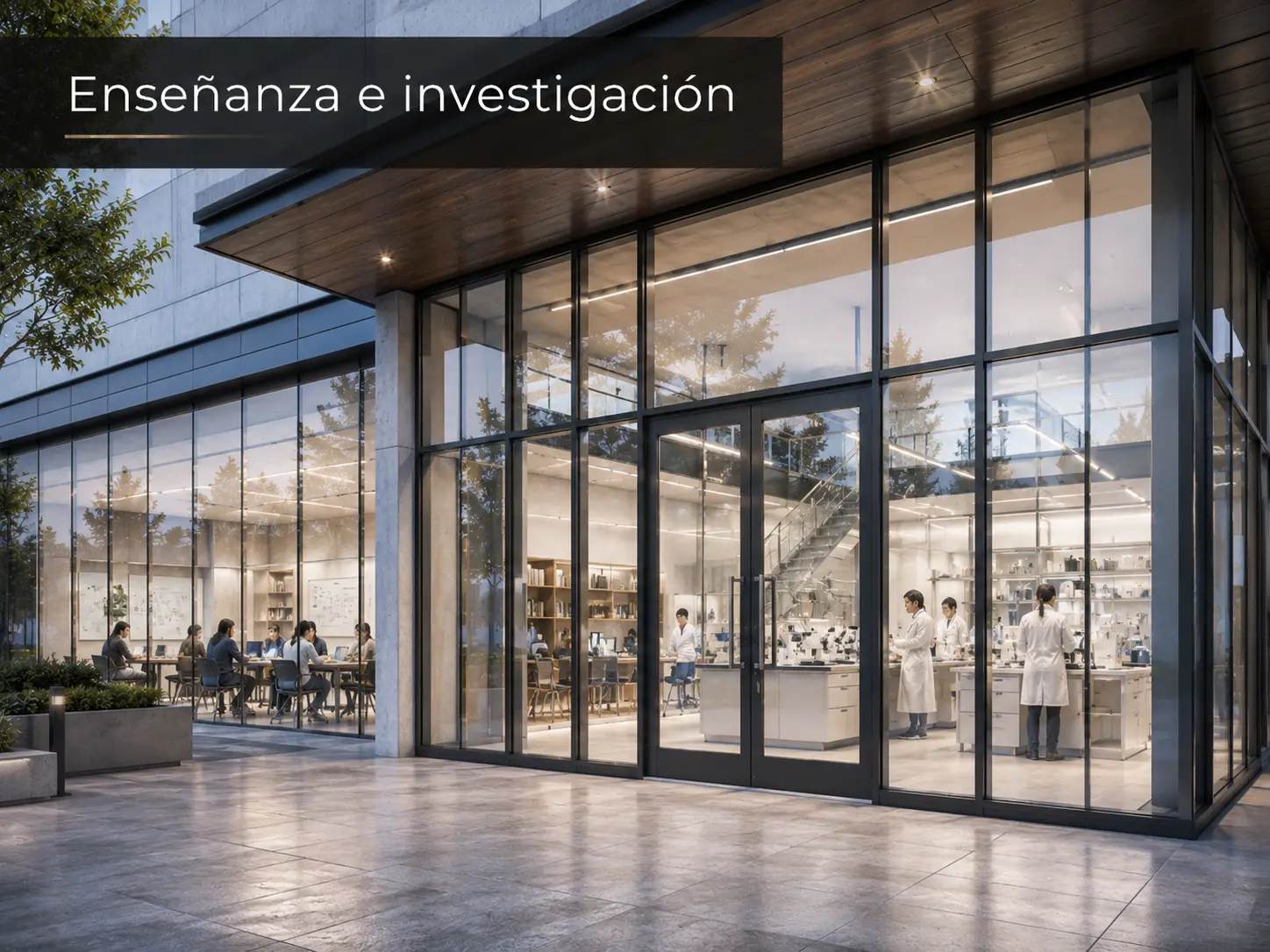 Fachada acristalada de un centro de enseñanza e investigación con laboratorios iluminados
