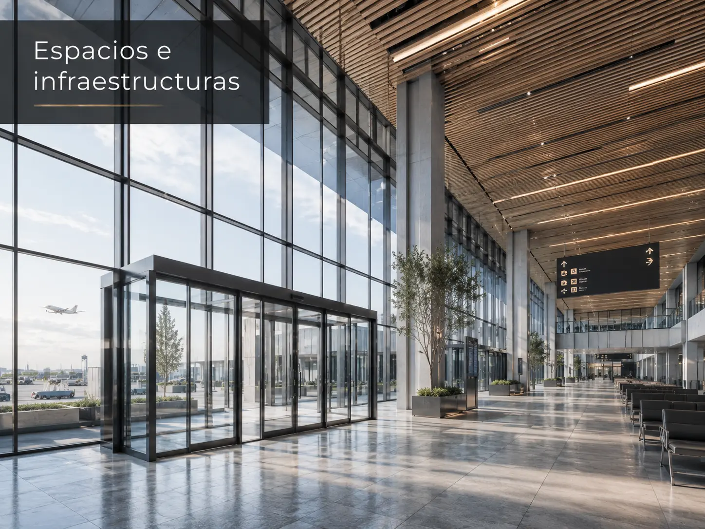Vestíbulo de terminal aérea con vestíbulo acristalado y puertas automáticas de cristal