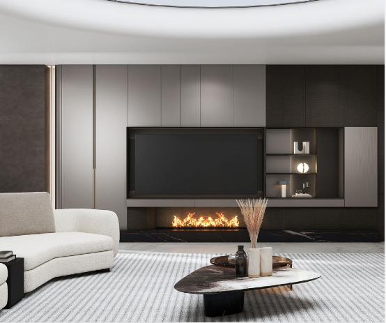 Sala con muro integral de TV, chimenea lineal y nichos iluminados en tonos grafito