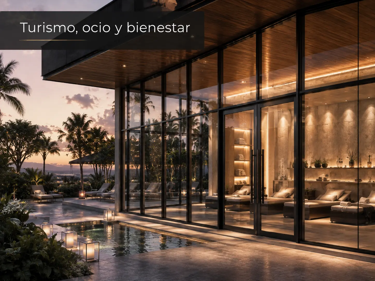Cancelería de cristal en un spa de hotel con vista a la alberca al atardecer