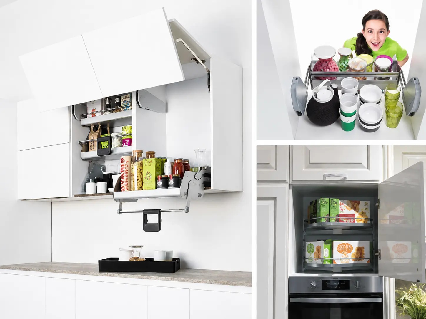 Alacenas de cocina con herrajes elevables y canastillas extraíbles descendentes
