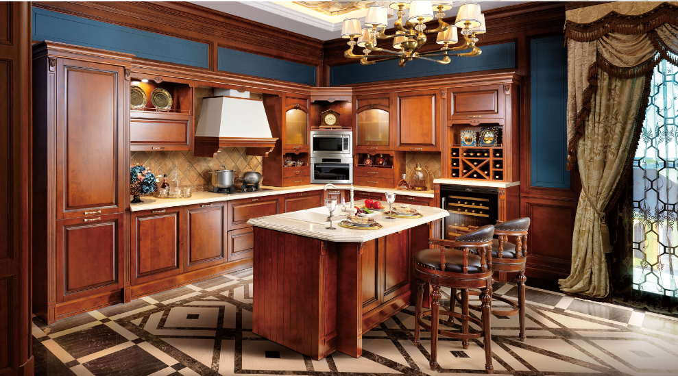 Cocina clásica en madera de cerezo con isla, campana decorativa y cava integrada