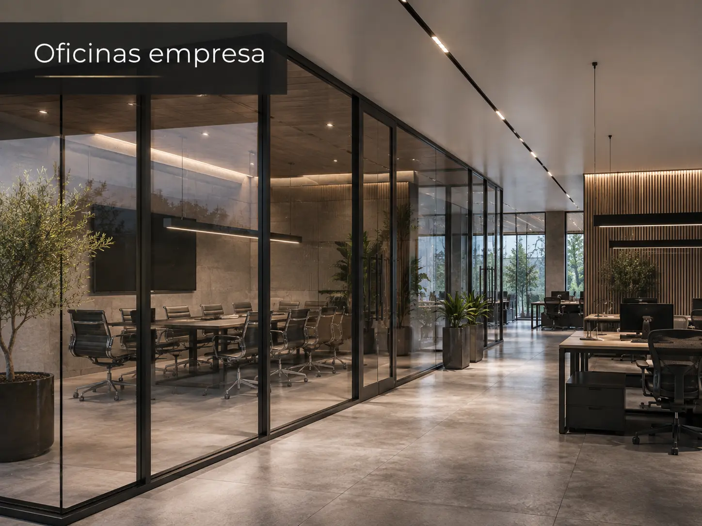 Divisiones de oficina en cristal con perfilería negra y sala de juntas acristalada