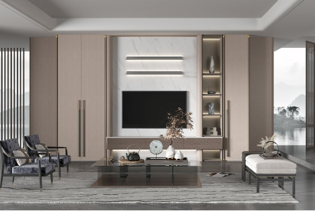 Sala con muro de TV en mármol, clósets laterales y librero vertical iluminado