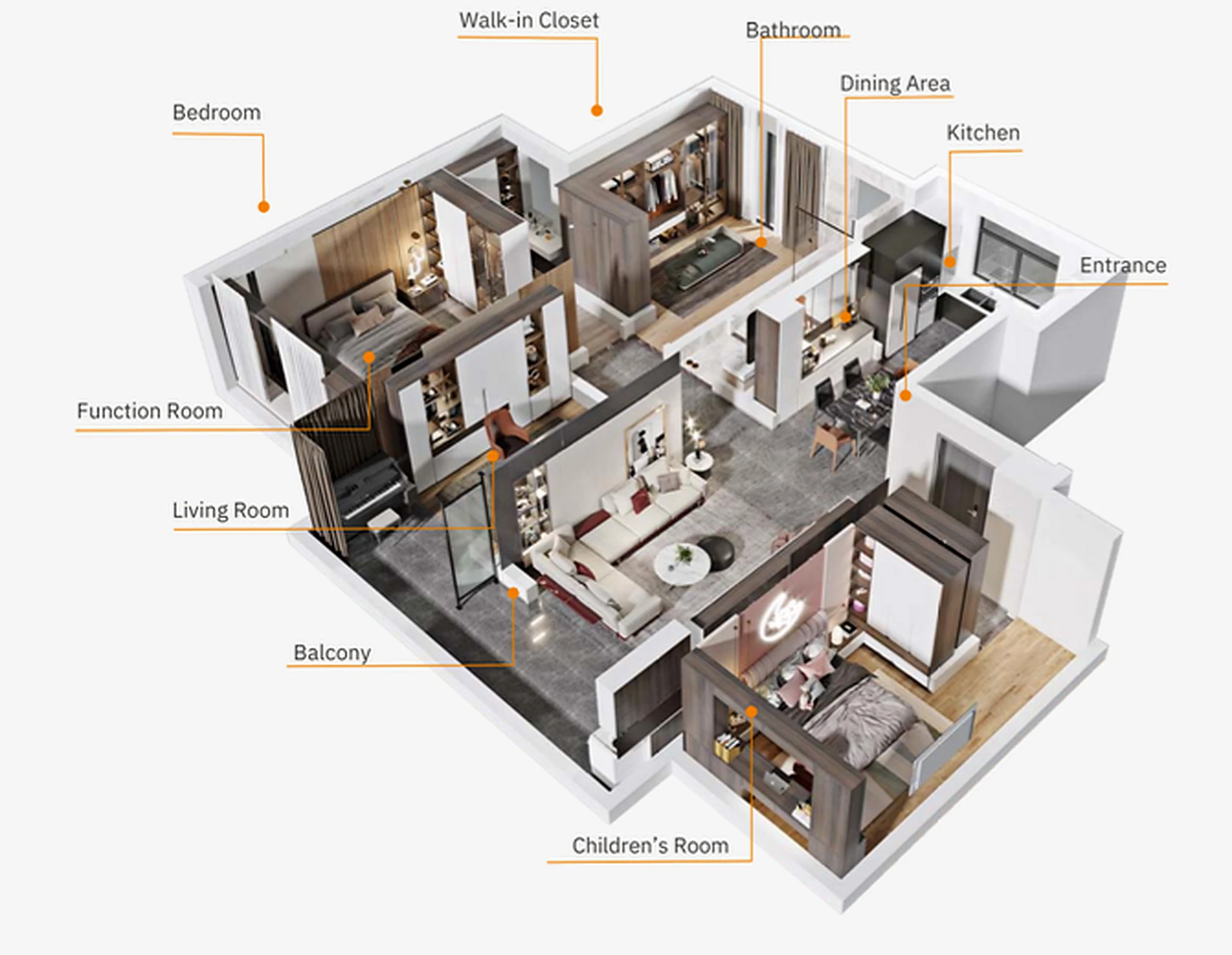Plano isométrico de departamento con recámaras, vestidor, cocina, sala y balcón identificados