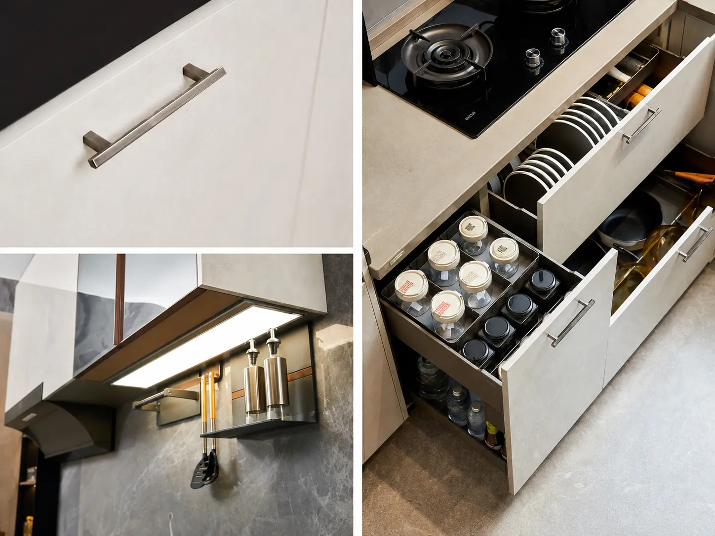 Detalles de accesorios interiores de cocina y luminaria bajo alacena