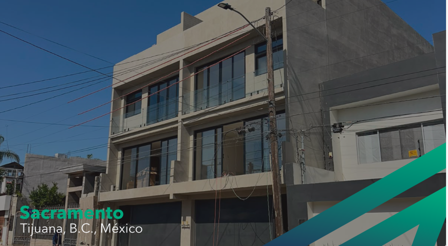 Fachada del proyecto Sacramento en Tijuana con cancelería de piso a techo