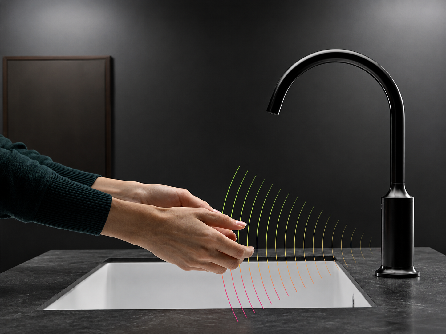 Grifería de lavabo con sensor de proximidad activándose al acercar las manos