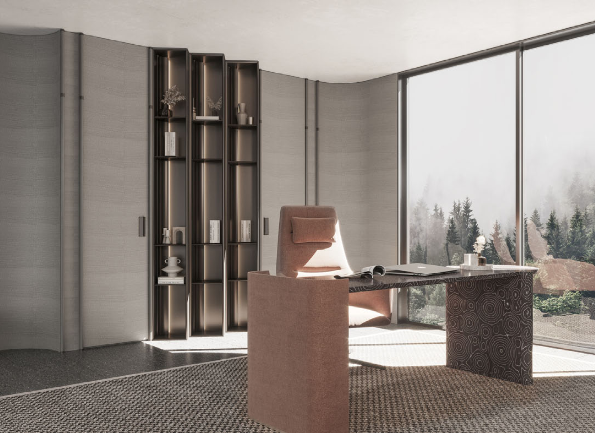 Estudio con clóset de puertas grises y librero metálico iluminado junto a ventanal