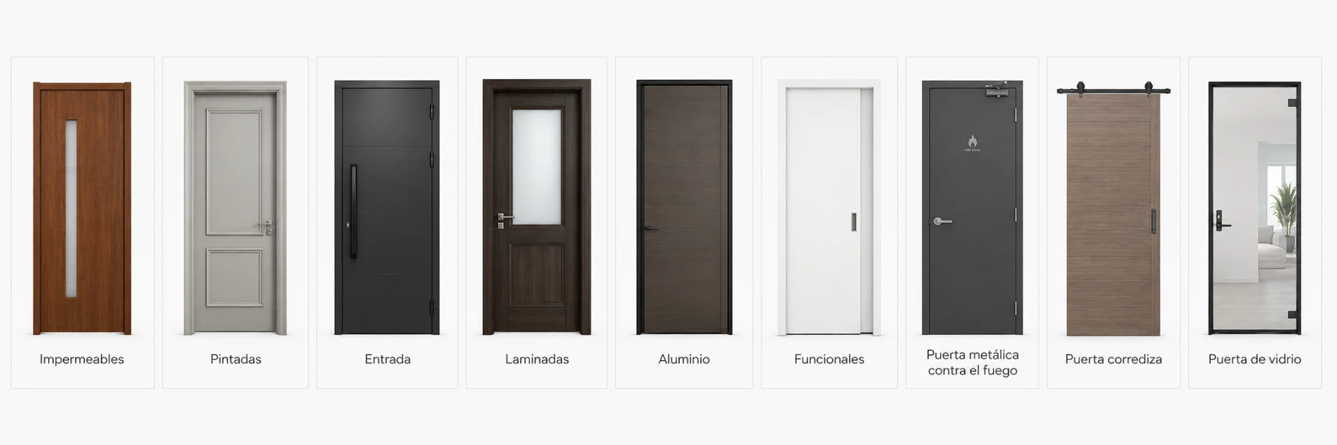 Comparativa de tipologías de puerta: impermeables, pintadas, de entrada, laminadas, de aluminio, funcionales, metálica cortafuego, corrediza y de vidrio
