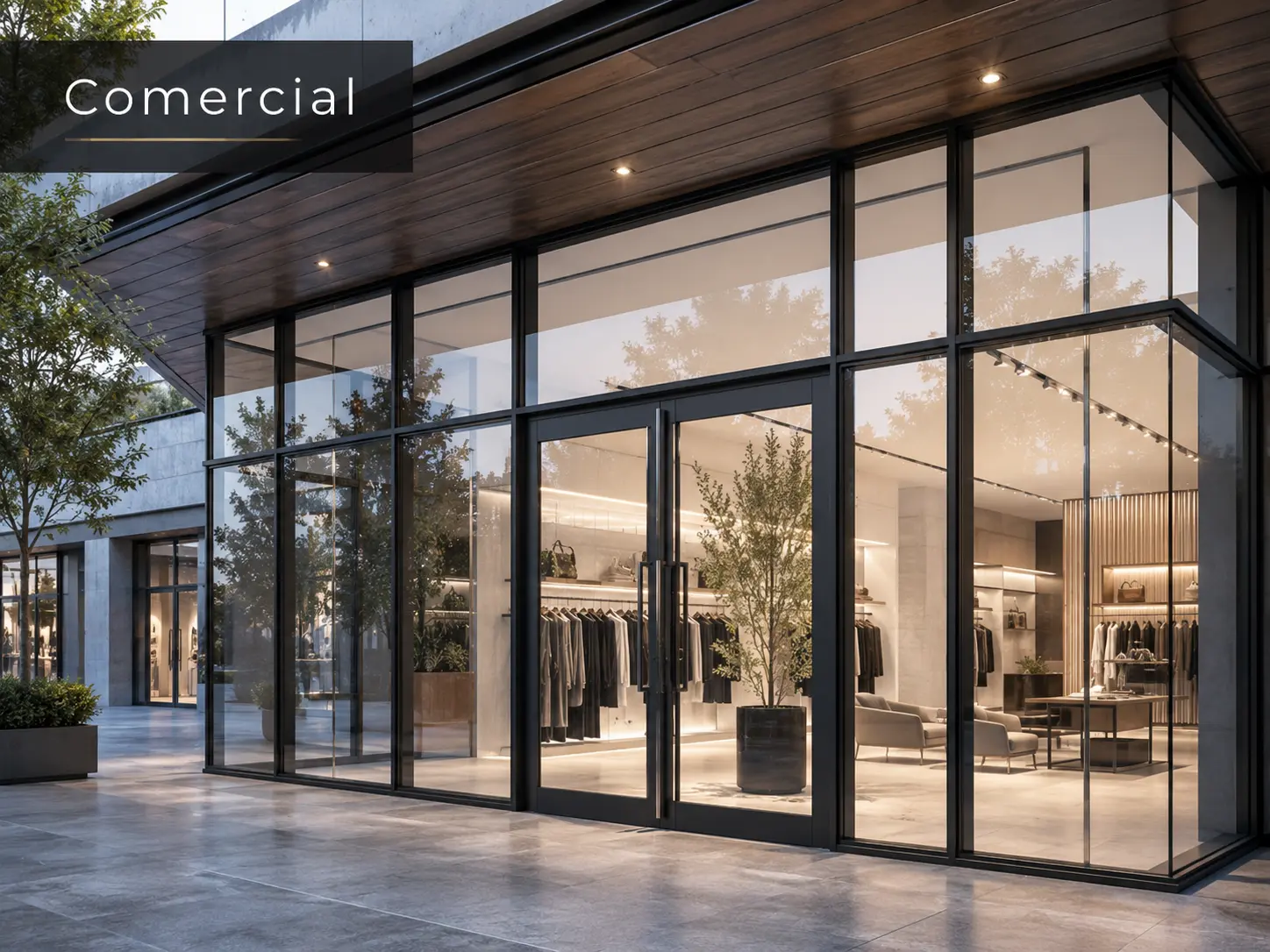 Fachada comercial de cristal con puertas dobles y perfilería negra en una tienda de moda