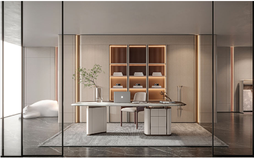 Estudio con librero central retroiluminado en tono cobre y escritorio blanco