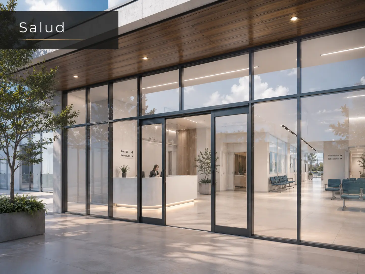 Acceso de clínica con puertas corredizas automáticas de cristal y recepción iluminada