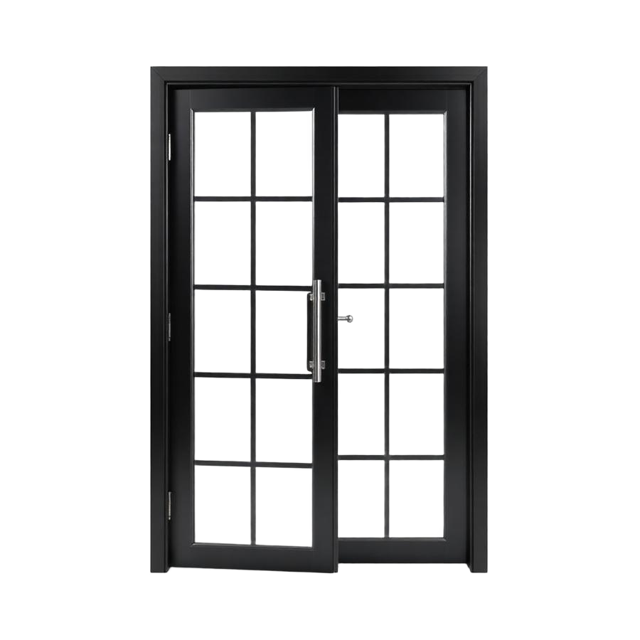 Puerta abatible de vidrio con herrajes metálicos