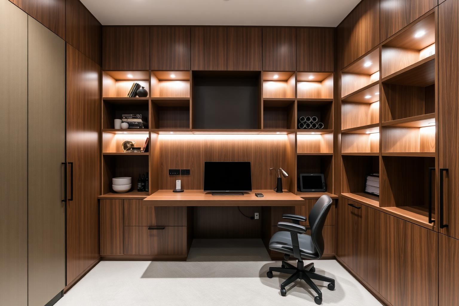 Home office integrado en muro de carpintería de nogal con escritorio flotante y estantería iluminada