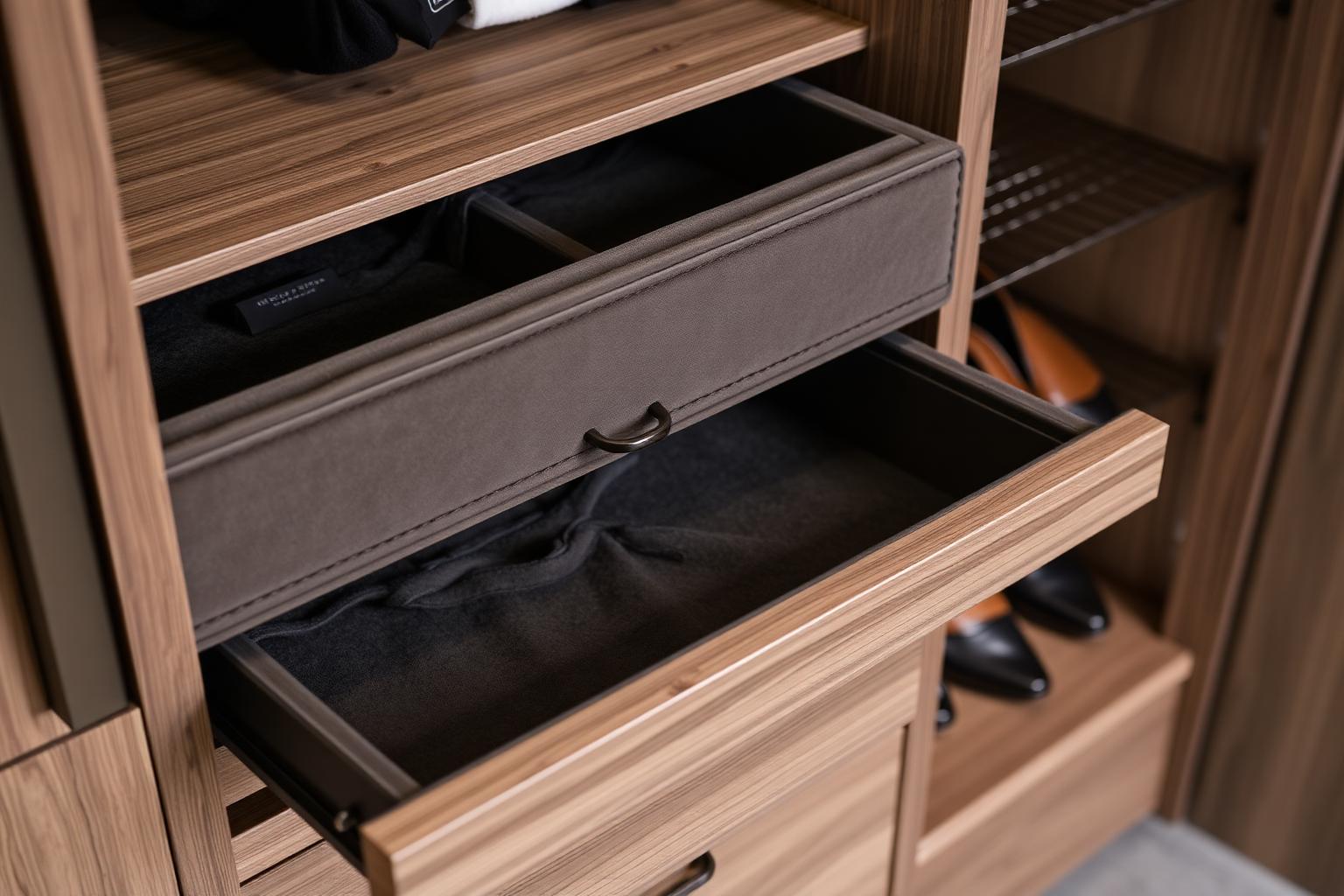 Detalle de accesorios interiores: cajón forrado en textil, zapatera metálica y jaladera integrada