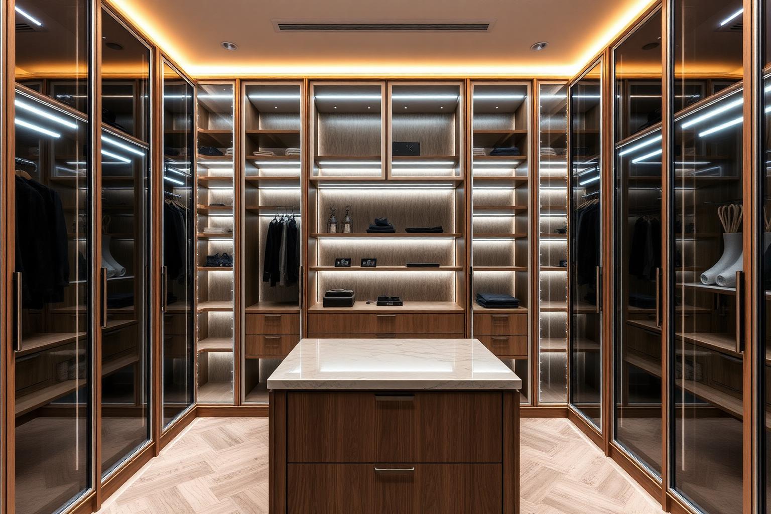 Walk-in closet con frentes de vidrio y perfilería de aluminio, módulos de roble e isla con cubierta de piedra