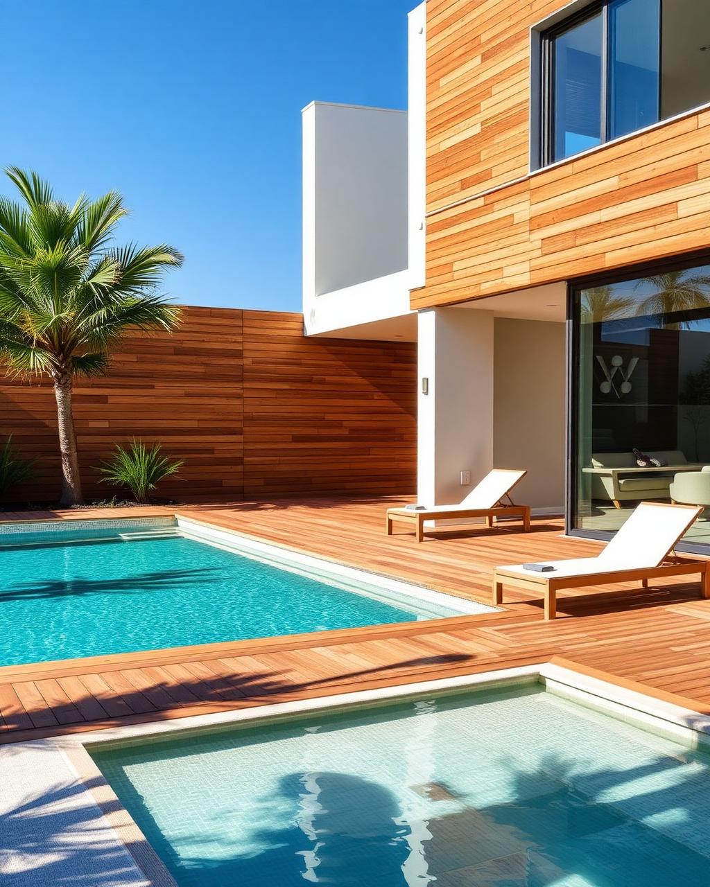 Alberca con deck perimetral WPC y muro exterior revestido de duelas de madera