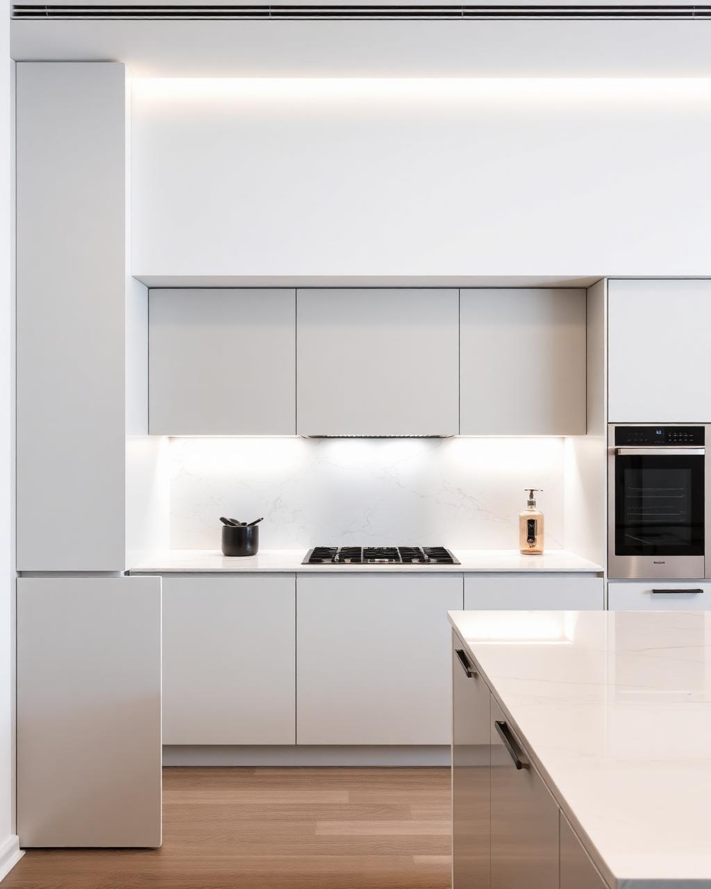 Cocina minimalista con backsplash de piedra flexible y luz lineal bajo alacenas