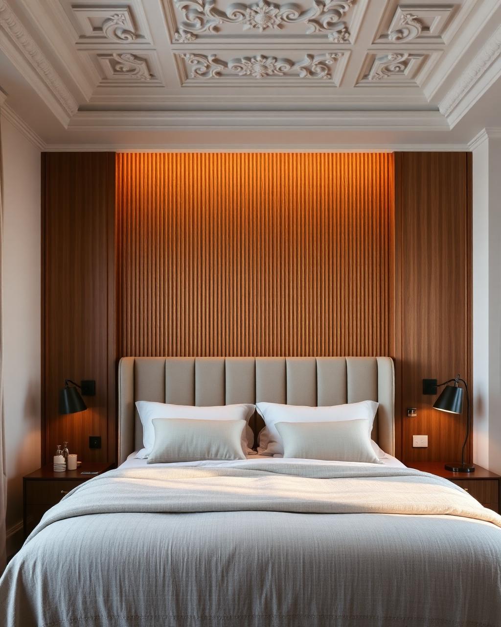Habitación con muro de lambrín de madera retroiluminado detrás de una cabecera tapizada
