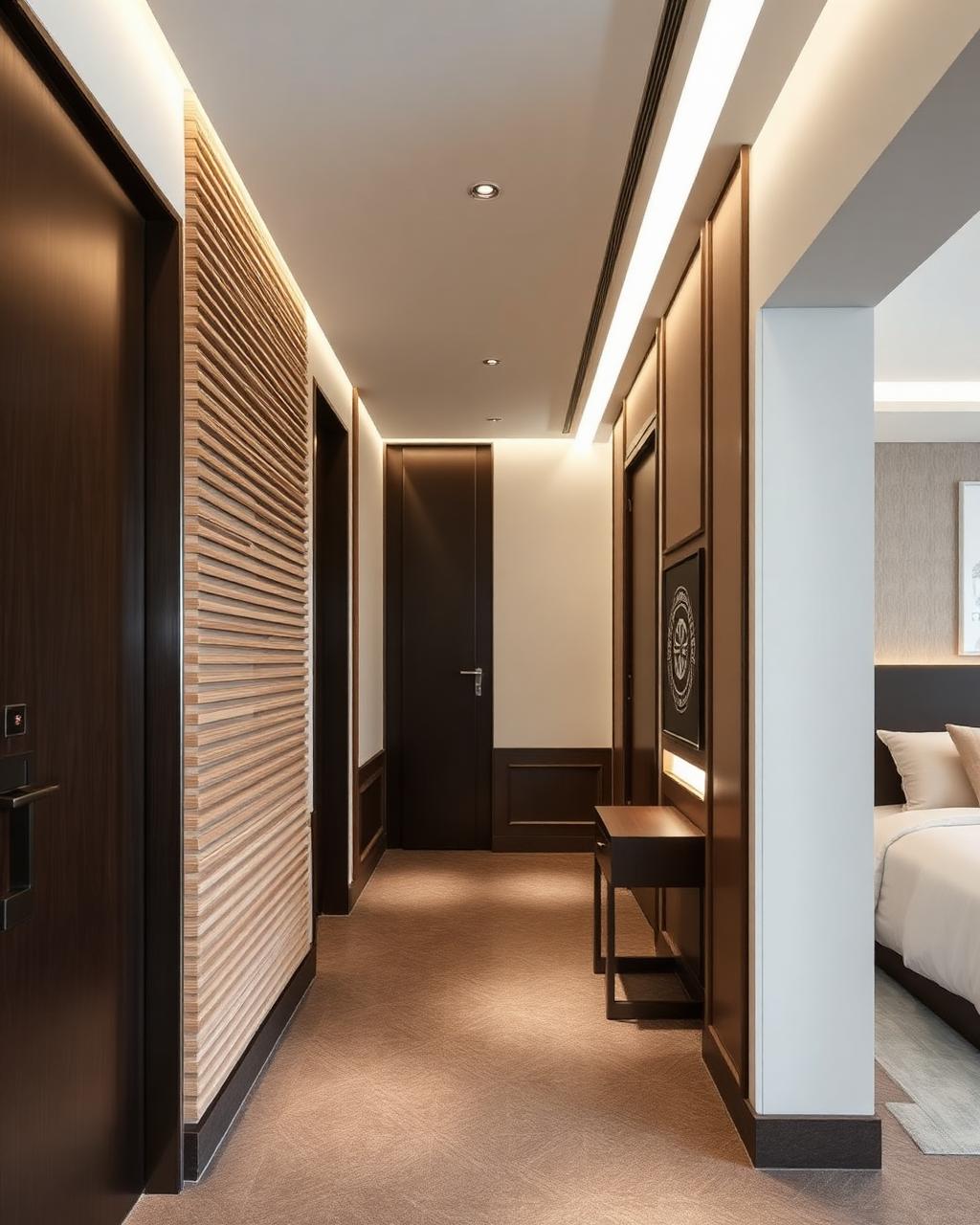 Pasillo de hotel boutique con muro de lambrín de madera, paneles decorativos e iluminación indirecta