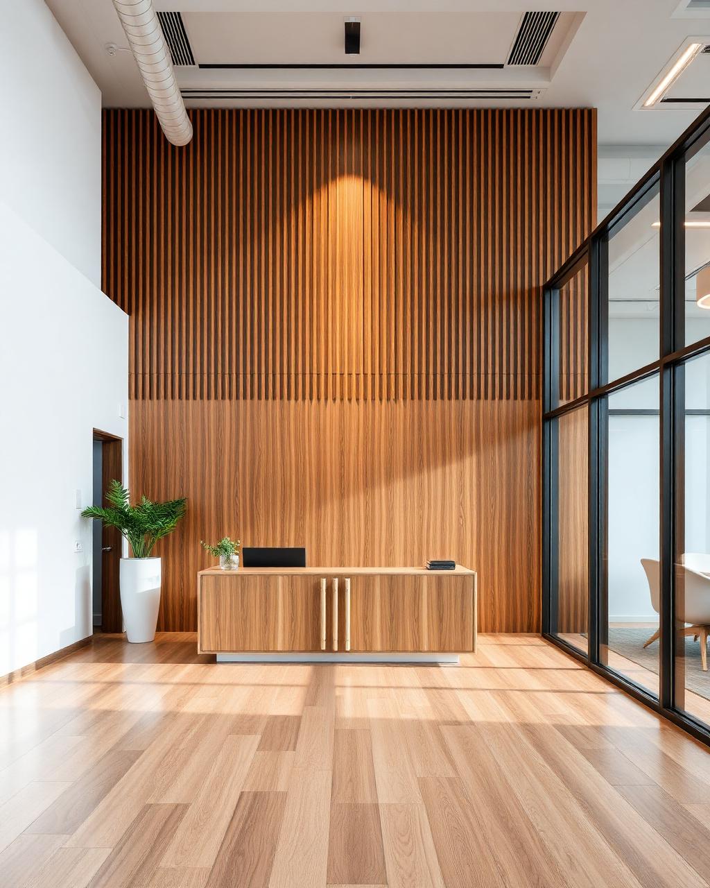Recepción corporativa con muro de listones de madera a doble altura y piso SPC
