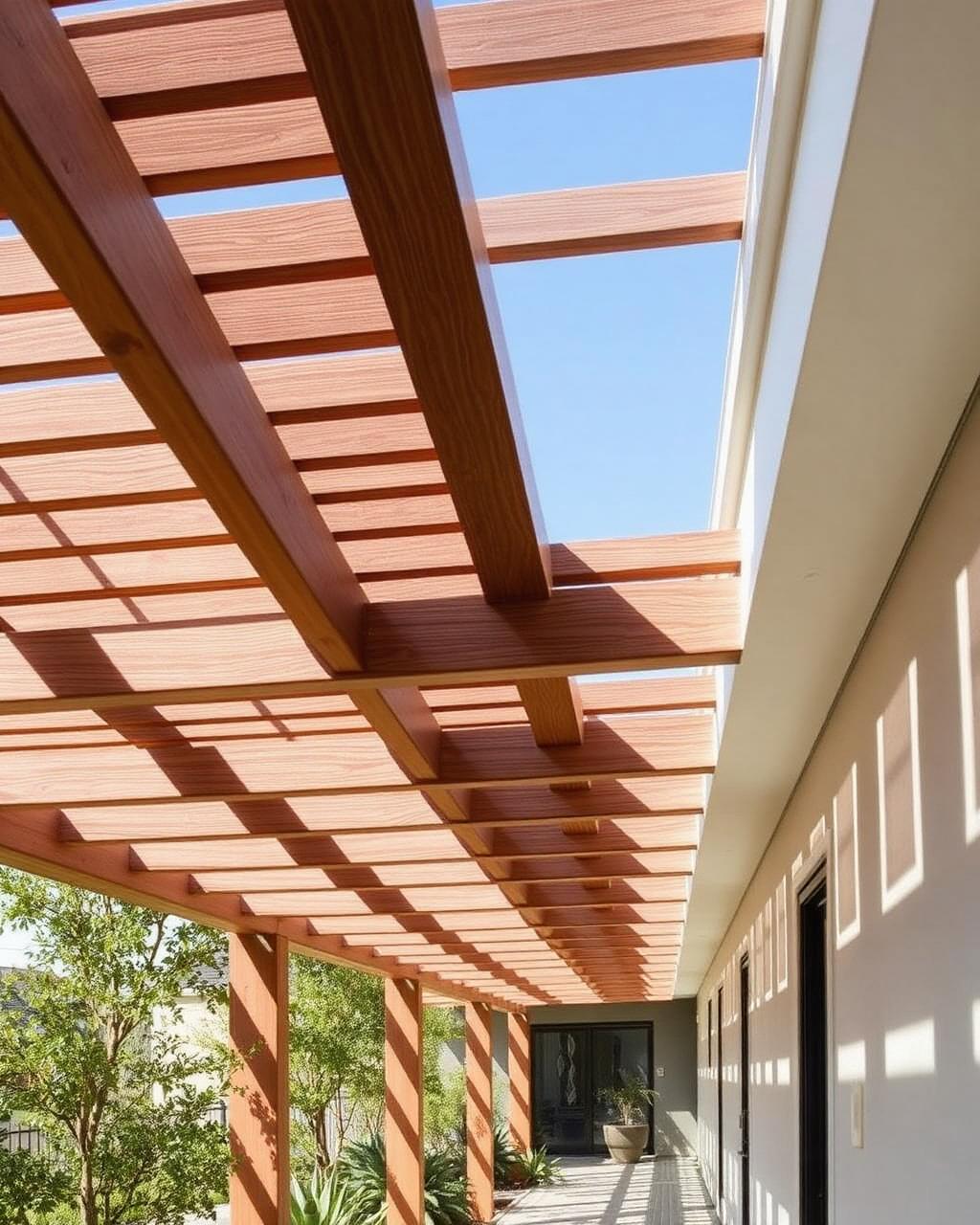 Pérgola con vigas lineales tipo madera proyectando sombras rítmicas sobre un corredor exterior
