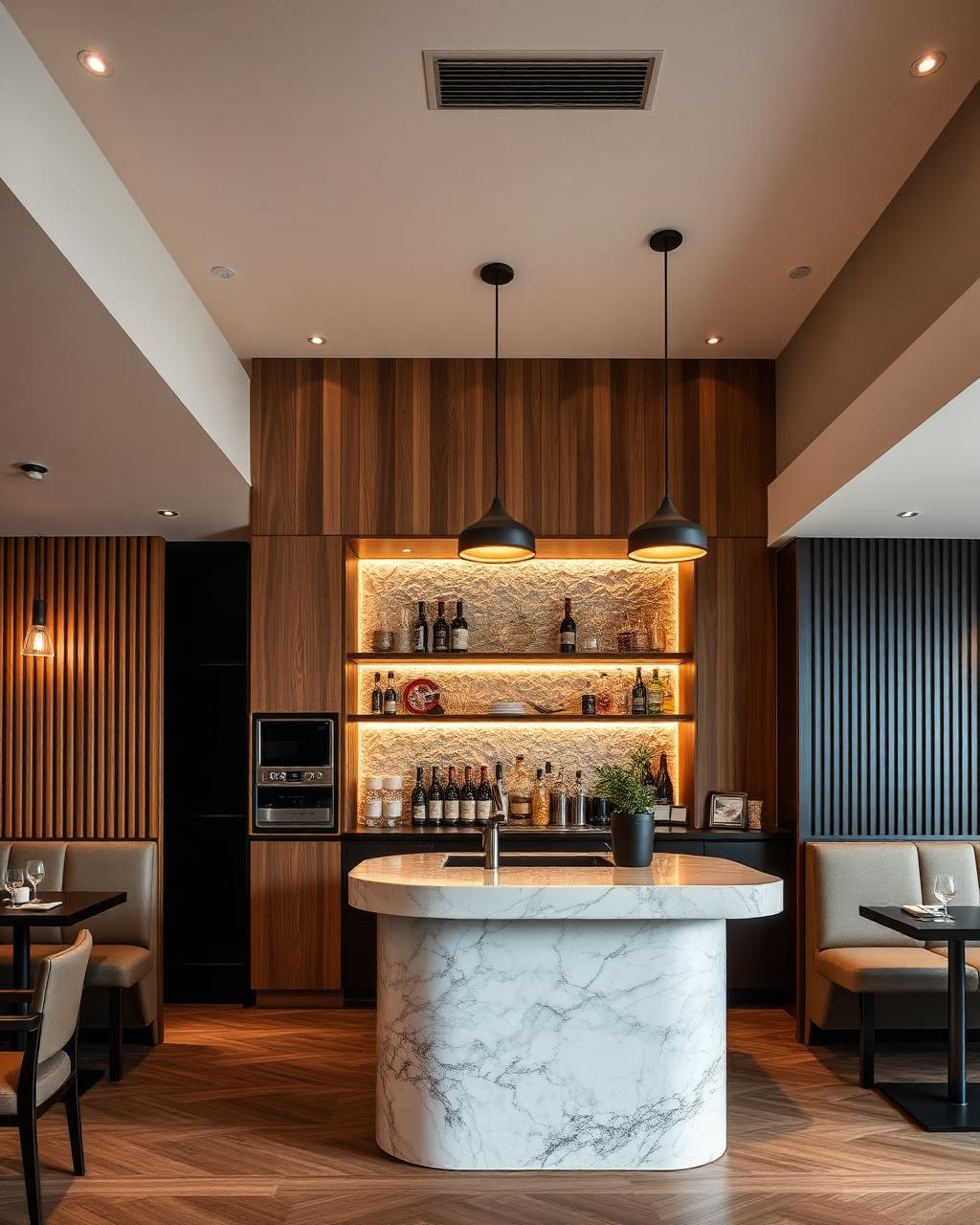 Restaurante con muro de lambrín, barra de mármol y nichos con textura de roca retroiluminada