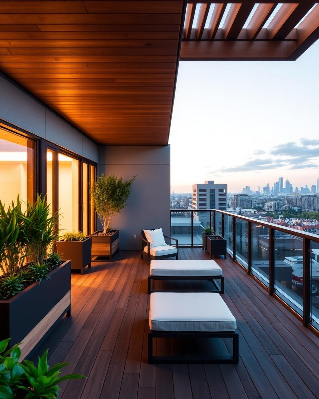 Terraza con deck WPC, plafón exterior de madera y vista a la ciudad al atardecer