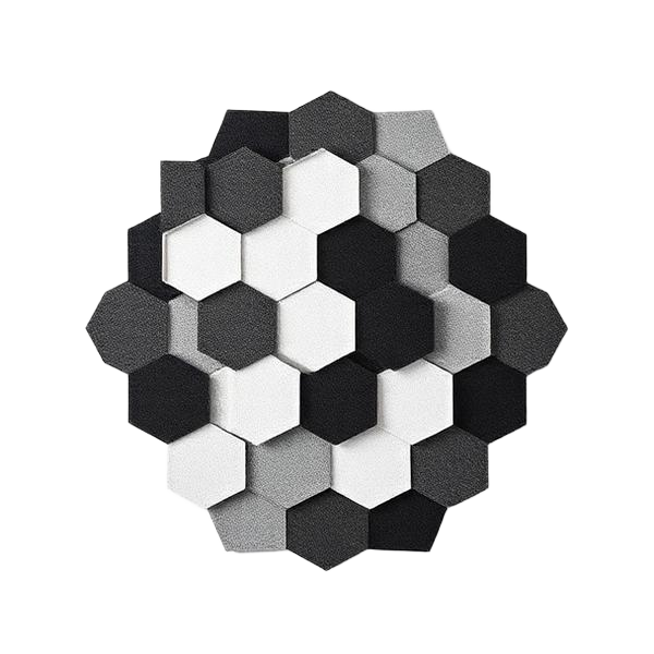 Panel acústico geométrico hexagonal en blanco, gris y negro