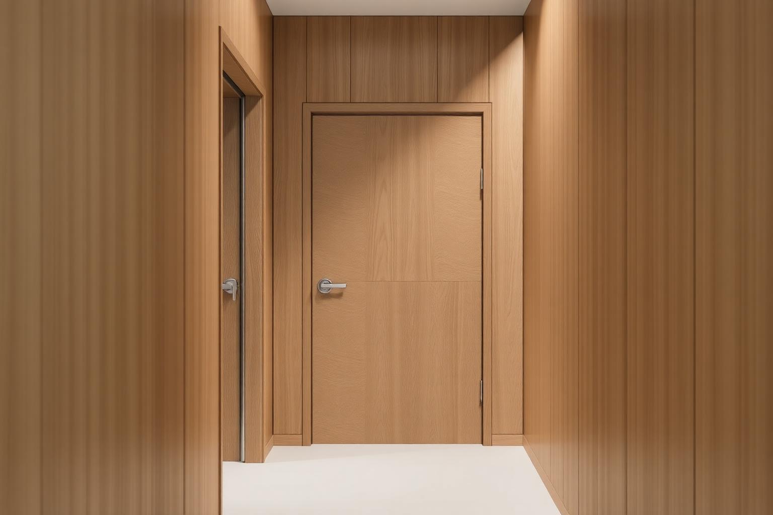 Puerta interior enrasada en chapa de roble con bisagras ocultas y panelado de muro al mismo tono
