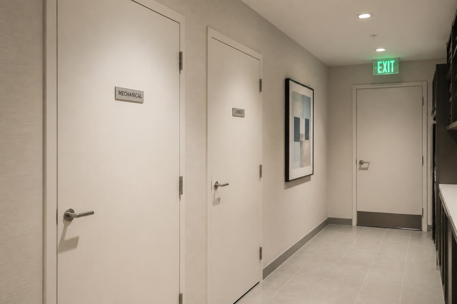 Puertas metálicas convencionales de caras lisas en área de servicio de hotel