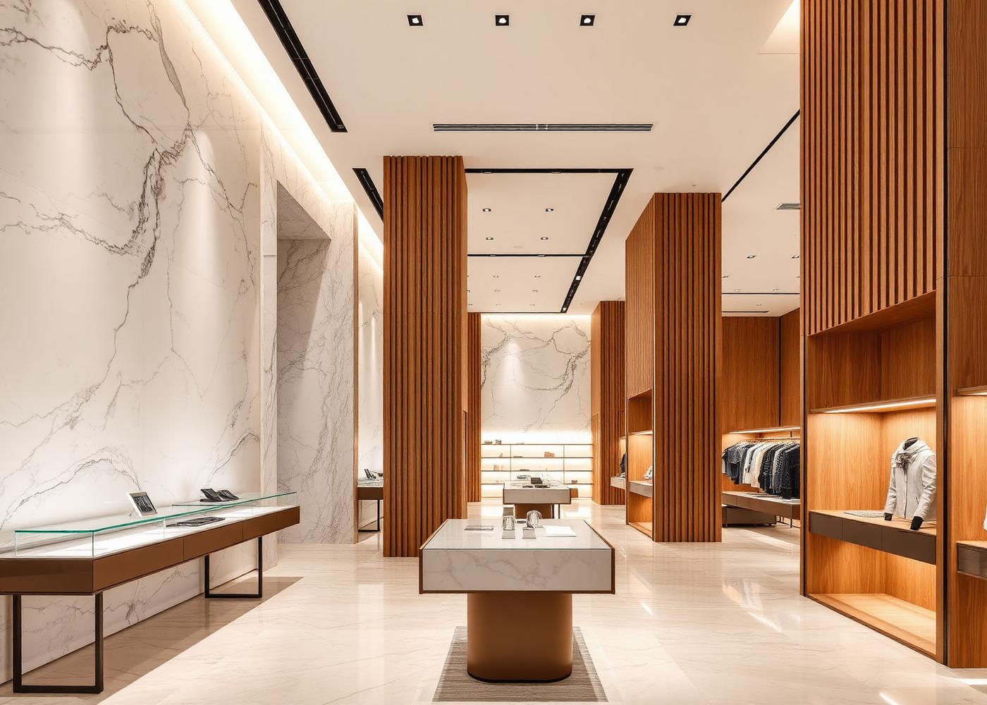 Boutique con paneles tipo mármol de gran formato y columnas revestidas de madera
