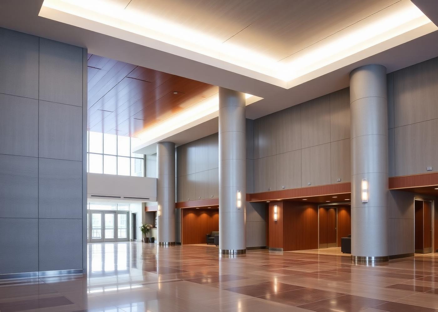 Lobby corporativo con columnas revestidas, paneles tipo concreto y plafón de madera