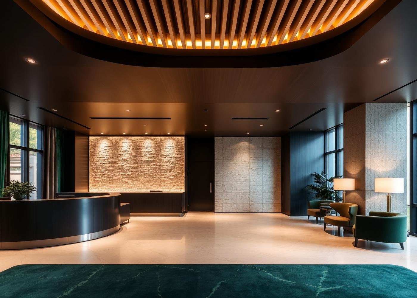 Recepción de hotel con muro de piedra retroiluminado y plafón de listones de madera