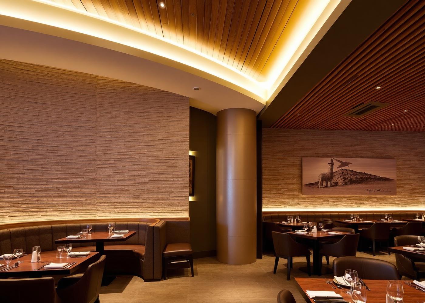Restaurante con muros de piedra texturizada y plafón de listones con luz lineal