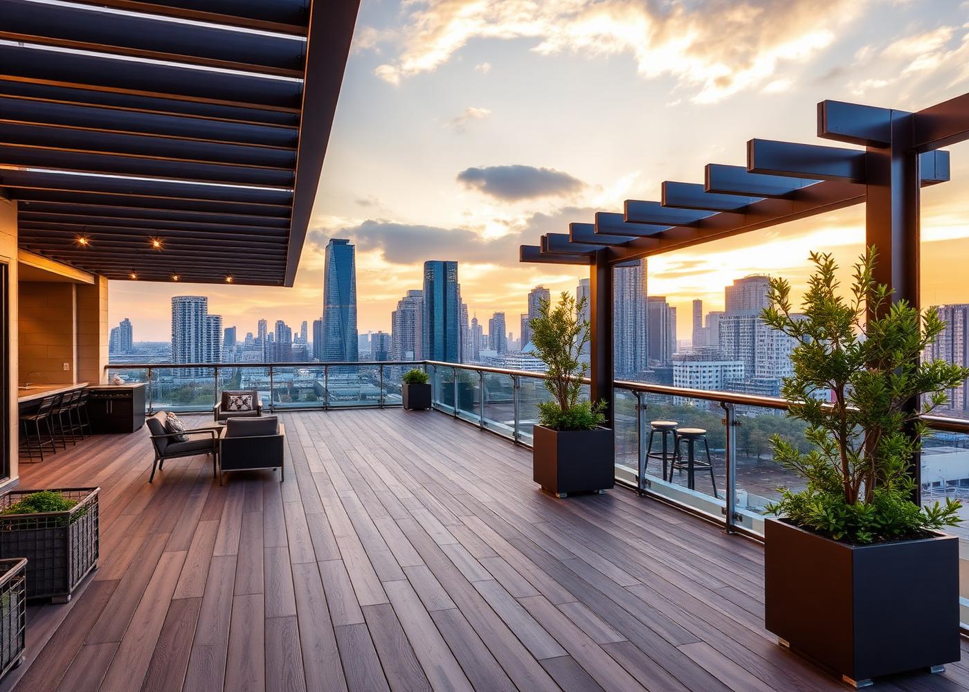 Terraza con deck WPC y vigas de aluminio con vista a la ciudad al atardecer