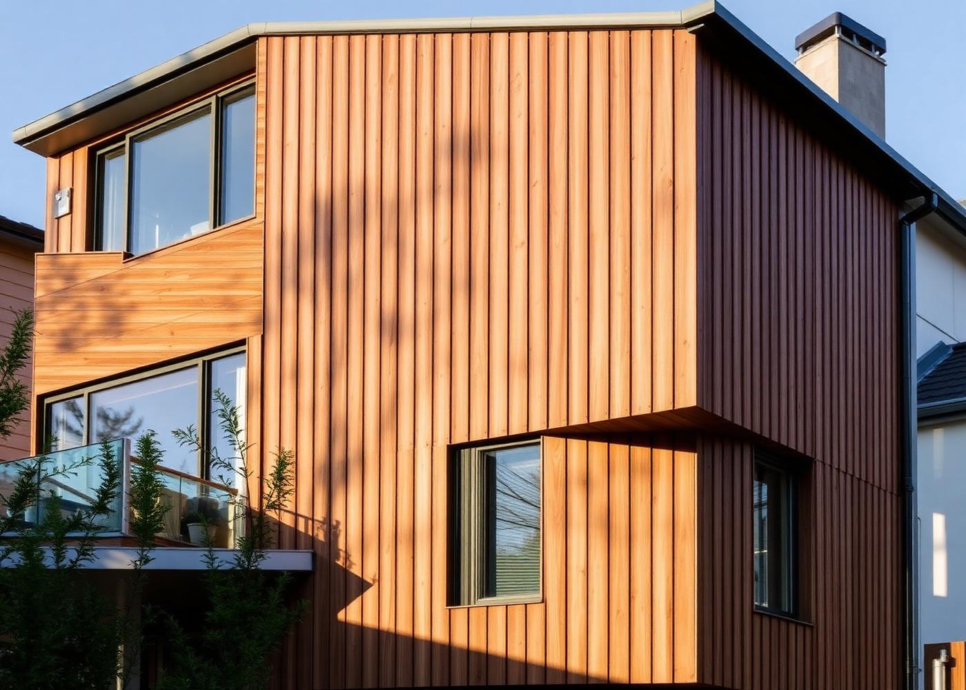 Fachada residencial contemporánea revestida con listones verticales WPC en tono teca