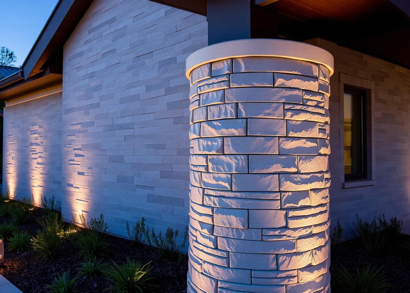 Muro y columna curva de exterior revestidos con piedra flexible iluminados al anochecer