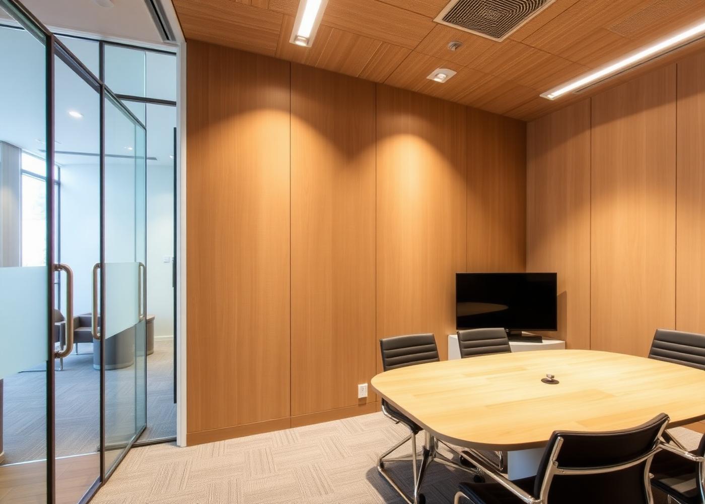 Sala de juntas con paneles acústicos de madera en muros y plafón