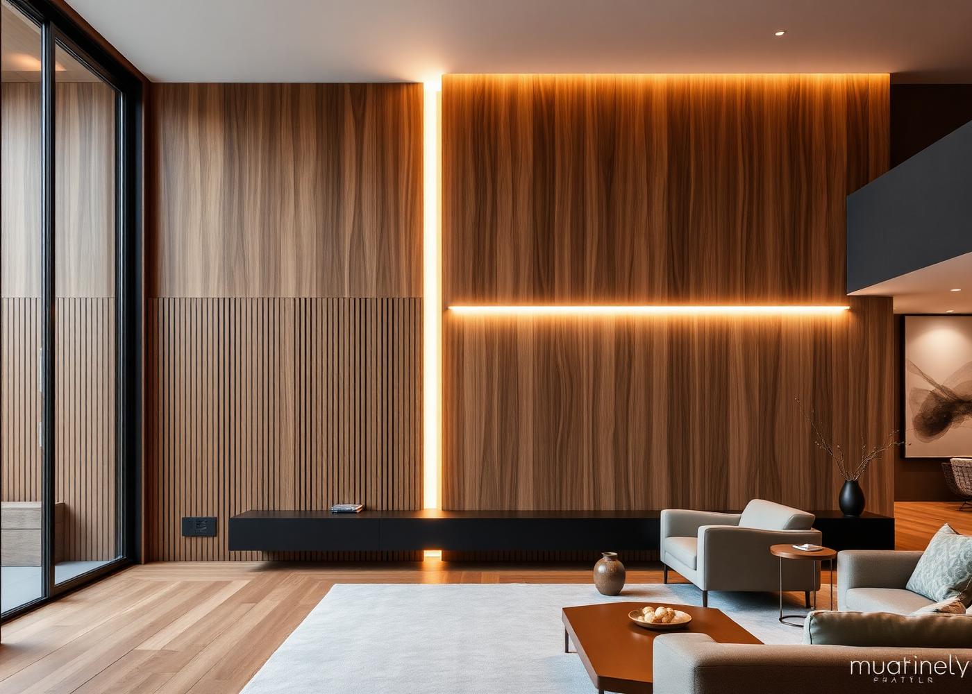 Muro de sala con lambrín de listones de madera e iluminación lineal integrada