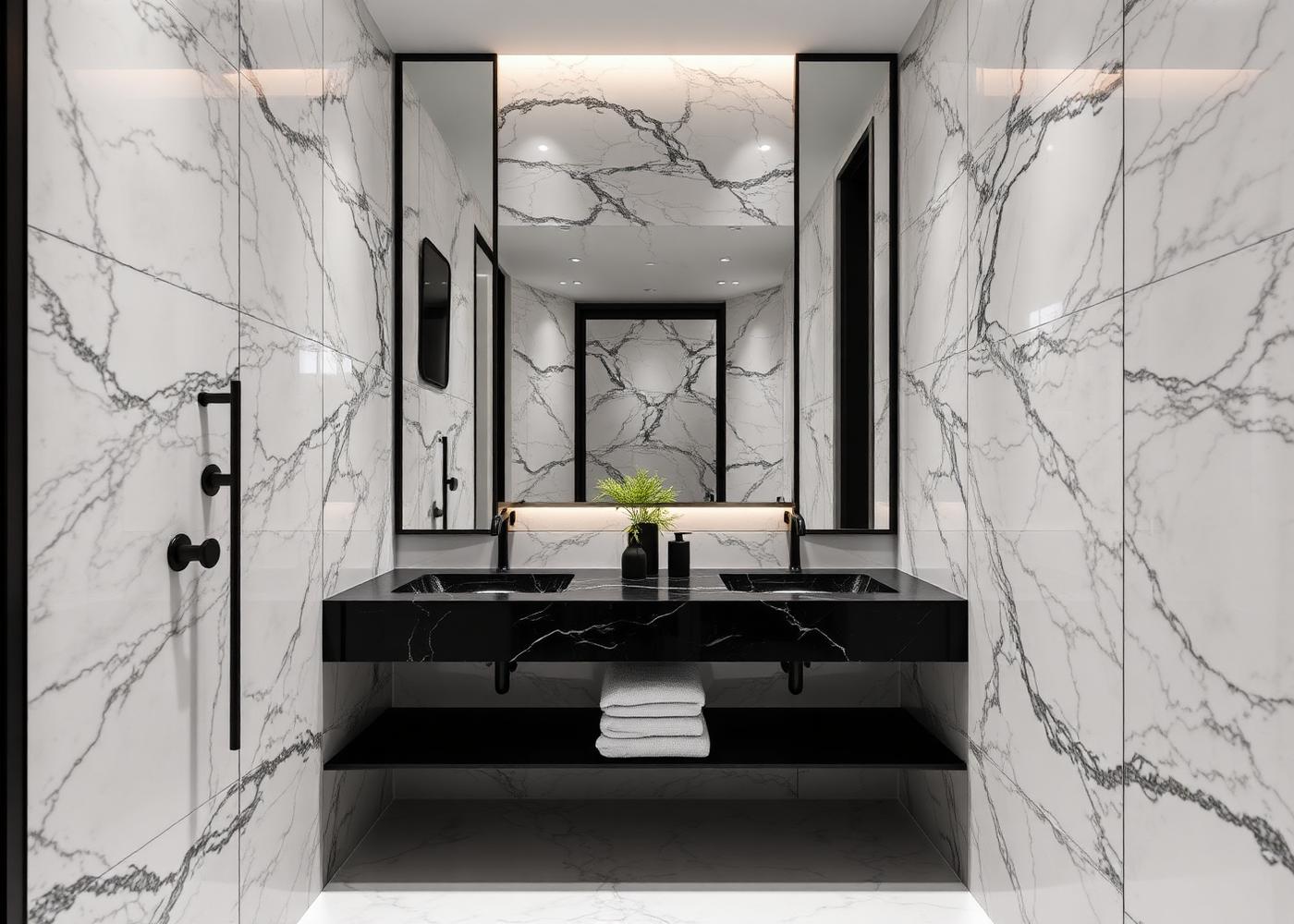 Baño revestido con láminas tipo mármol de gran formato y grifería negro mate
