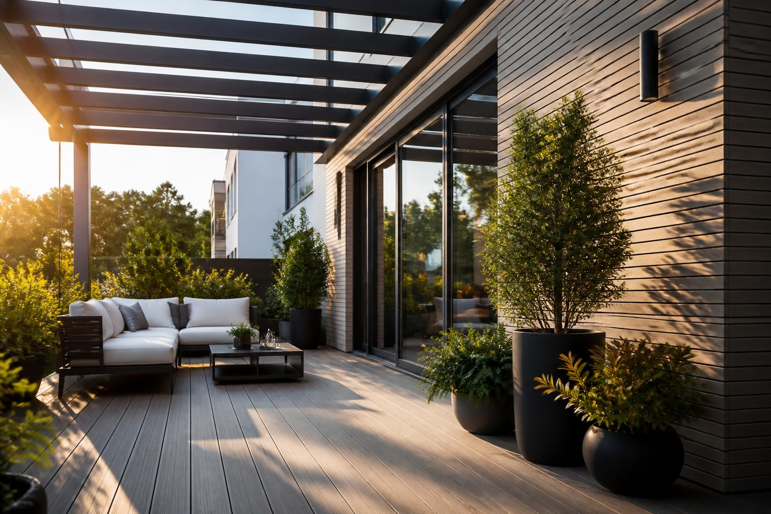 Terraza con deck WPC, revestimiento exterior de listones y vigas de aluminio