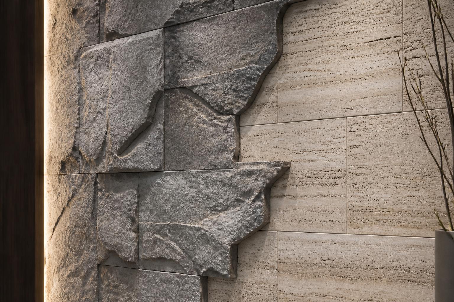 Detalle de muro con paneles de roca PU y piedra flexible en tonos gris y travertino