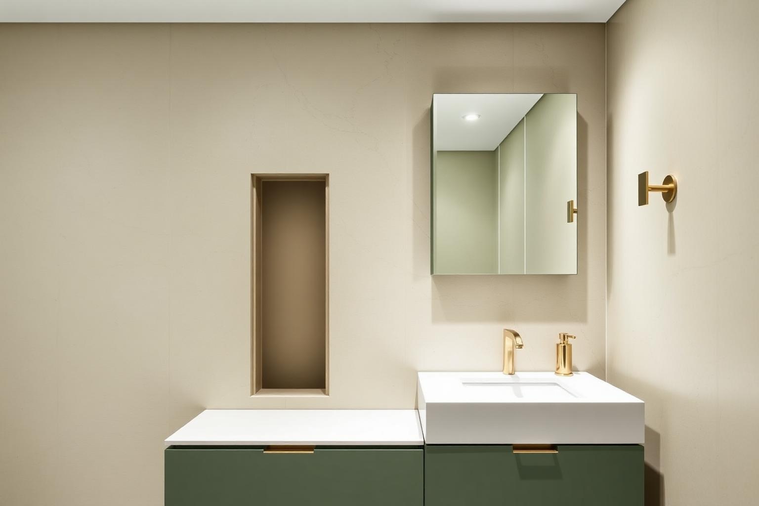 Vanity de baño suspendido en laca verde salvia con cubierta de piedra blanca, lavabo bajo cubierta y espejo con gabinete